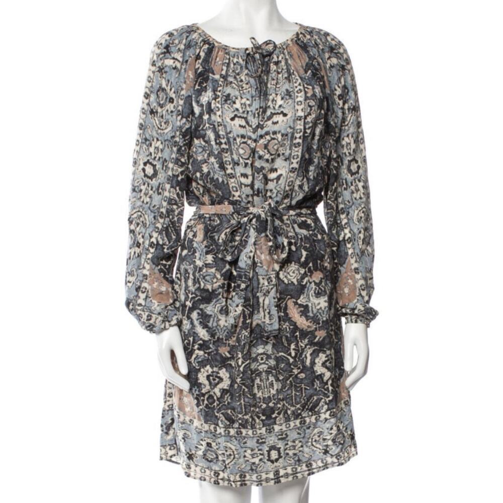 Mes Demoiselles Verdi 100% Silk Vintage Rug Print Belted Dress 38 US 6